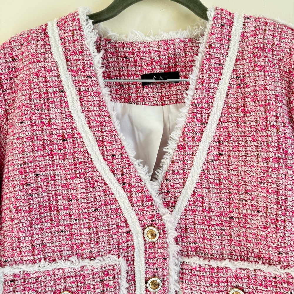 AQUA Women Tweed Blazer Jacket Pink Small Button Fringe Trim Metallic Business - Picture 7 of 16